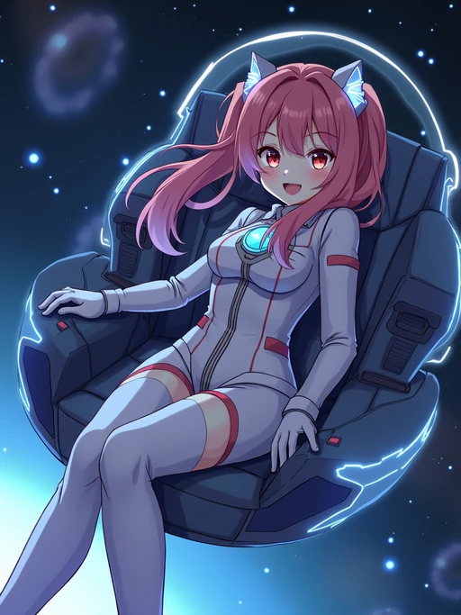 A dreamy anime space explorer, floating in a futuristic spaceship, wearing if(gender=f){a sleek space pilot uniform with glowing accents} if(gender=m){a high-tech astronaut suit with a reflective visor}. The backdrop features distant galaxies and nebulae. the style is in anime illustration.