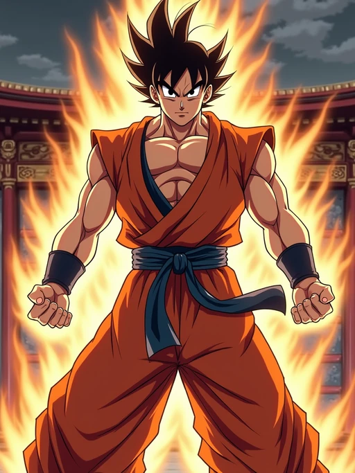 A legendary anime martial artist, posing confidently with a glowing energy aura, wearing if(gender=f){a traditional gi with a belt and focused eyes} if(gender=m){a sleeveless martial arts outfit with muscular definition and intense expression}. The background features a classic anime battle stage. the style is in anime illustration.