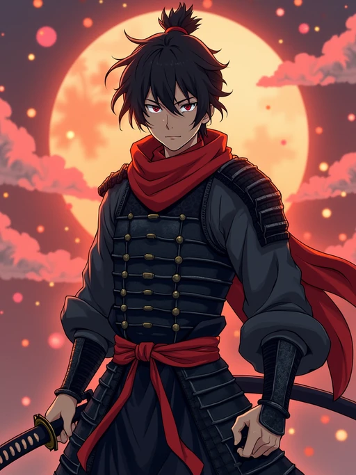 A powerful samurai anime avatar, holding a katana, wearing if(gender=f){a traditional kimono with intricate patterns, standing confidently} if(gender=m){a dark samurai armor with a flowing red scarf, intense gaze}. The backdrop features a dramatic sunset and falling cherry blossoms. the style is in anime illustration.