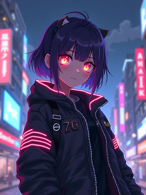 A cyberpunk anime-style character, with glowing neon elements, if(gender=f){a futuristic bodysuit with LED accents and high-tech visor} if(gender=m){a cyber-enhanced jacket with neon streaks and cybernetic eyes}. The city skyline behind is filled with digital billboards and vibrant lights. the style is in anime illustration.
