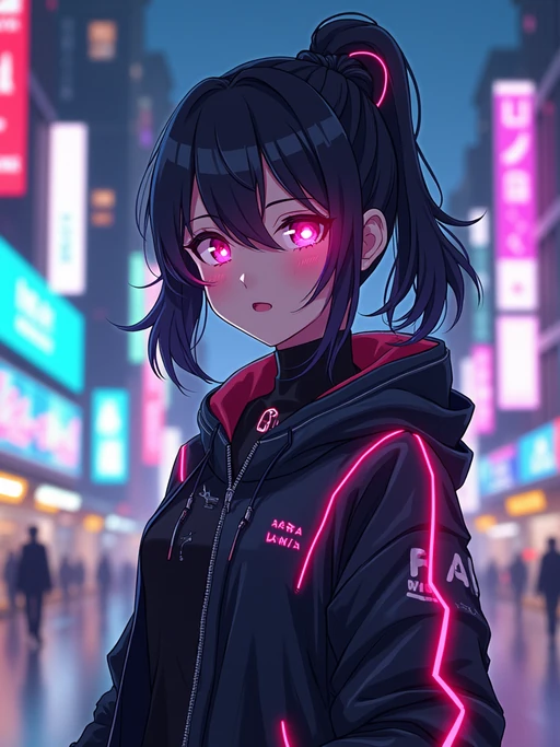 A cyberpunk anime-style character, with glowing neon elements, if(gender=f){a futuristic bodysuit with LED accents and high-tech visor} if(gender=m){a cyber-enhanced jacket with neon streaks and cybernetic eyes}. The city skyline behind is filled with digital billboards and vibrant lights. the style is in anime illustration.