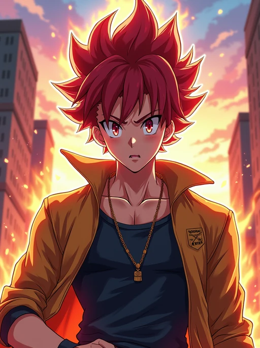 A vibrant anime-style avatar of a determined shonen protagonist, wearing if(gender=f){a sleek battle uniform with long flowing hair and a confident expression} if(gender=m){a heroic outfit with spiky hair and a fiery determined look}. The background features an action-packed anime cityscape with dynamic lighting. the style is in anime illustration.