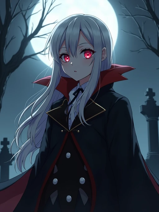 A gothic anime vampire avatar, with pale skin and piercing red eyes, wearing if(gender=f){a Victorian-style dress with lace details and a mysterious smile} if(gender=m){a dark vampire cloak with a high collar and long silver hair}. The setting is a foggy moonlit graveyard. the style is in anime illustration.