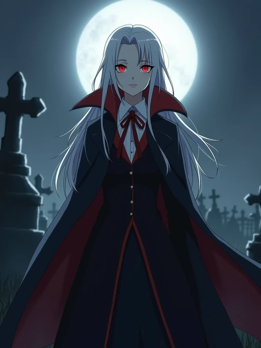 A gothic anime vampire avatar, with pale skin and piercing red eyes, wearing if(gender=f){a Victorian-style dress with lace details and a mysterious smile} if(gender=m){a dark vampire cloak with a high collar and long silver hair}. The setting is a foggy moonlit graveyard. the style is in anime illustration.