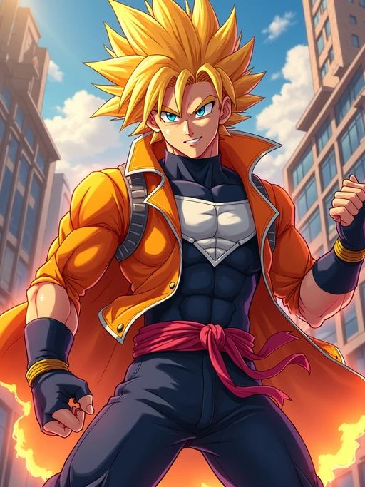 A vibrant anime-style avatar of a determined shonen protagonist, wearing if(gender=f){a sleek battle uniform with long flowing hair and a confident expression} if(gender=m){a heroic outfit with spiky hair and a fiery determined look}. The background features an action-packed anime cityscape with dynamic lighting. the style is in anime illustration.