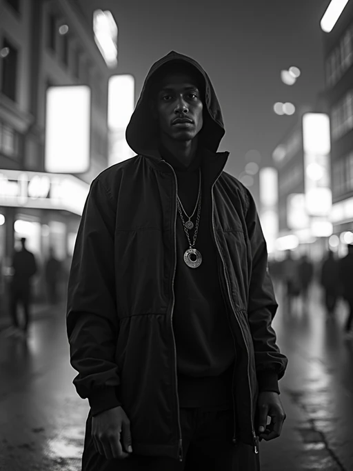 black and white album cover, full body photo of Neon-lit 1990s rap album aesthetic, cyberpunk background. if(gender=f){Wearing a futuristic tracksuit, striking rap pose} if(gender=m){Glowing city lights, rap performance stance}. Sci-fi hip-hop crossover.