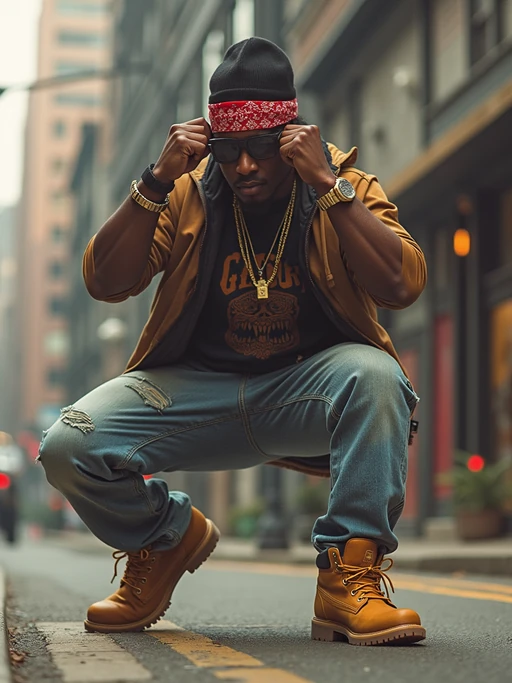 full body photo of High-energy street 1990s rap photoshoot. if(gender=f){Luxury fur coat, bold attitude, holding a mic} if(gender=m){Timberlands, bandana, rap star energy}. Classic 90s hip-hop vibes.