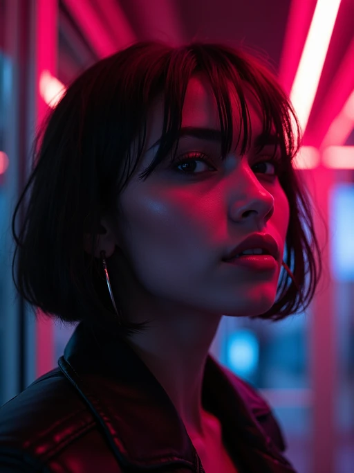Close-up portrait under glowing neon signs. if(gender=f){Pink and purple lighting, high-contrast makeup} if(gender=m){Shadows and glowing reflections, cool futuristic aesthetic}. Sci-fi inspired photography.