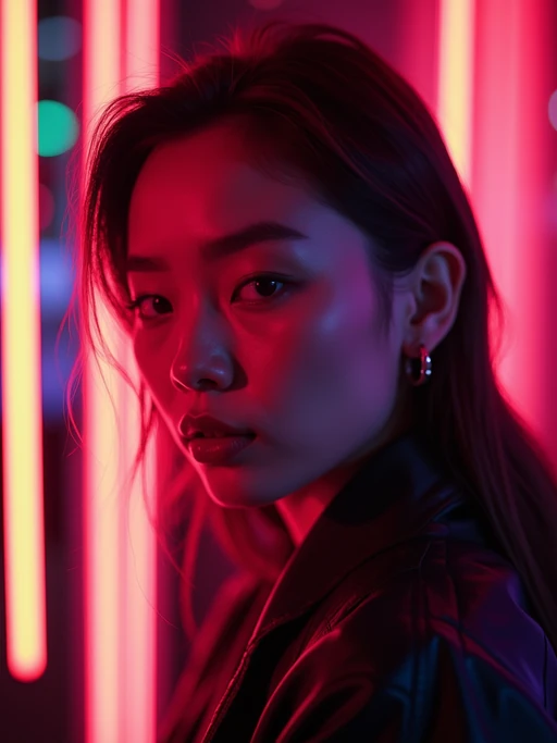 Close-up portrait under glowing neon signs. if(gender=f){Pink and purple lighting, high-contrast makeup} if(gender=m){Shadows and glowing reflections, cool futuristic aesthetic}. Sci-fi inspired photography.
