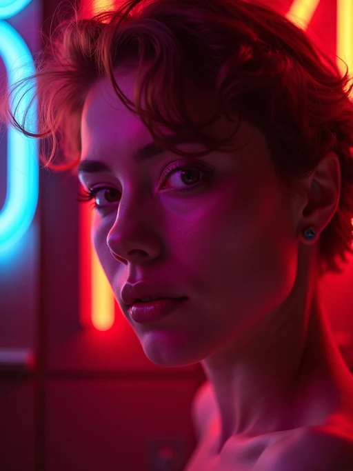 Close-up portrait under glowing neon signs. if(gender=f){Pink and purple lighting, high-contrast makeup} if(gender=m){Shadows and glowing reflections, cool futuristic aesthetic}. Sci-fi inspired photography.