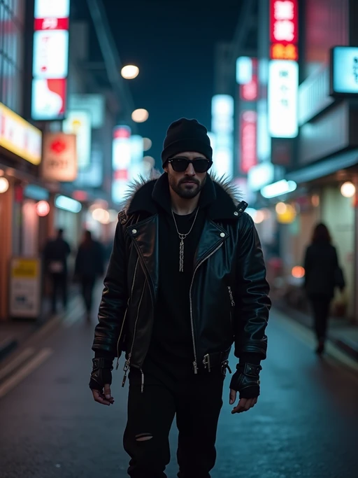 Walking through the streets of Tokyo at night. if(gender=f){Holographic jacket, neon eyeliner, futuristic style} if(gender=m){Leather jacket, cyberpunk techwear, glowing background}. AI cinematic photography.