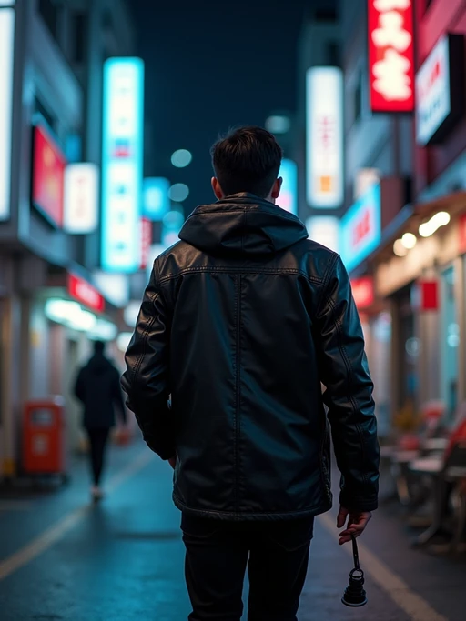 Walking through the streets of Tokyo at night. if(gender=f){Holographic jacket, neon eyeliner, futuristic style} if(gender=m){Leather jacket, cyberpunk techwear, glowing background}. AI cinematic photography.