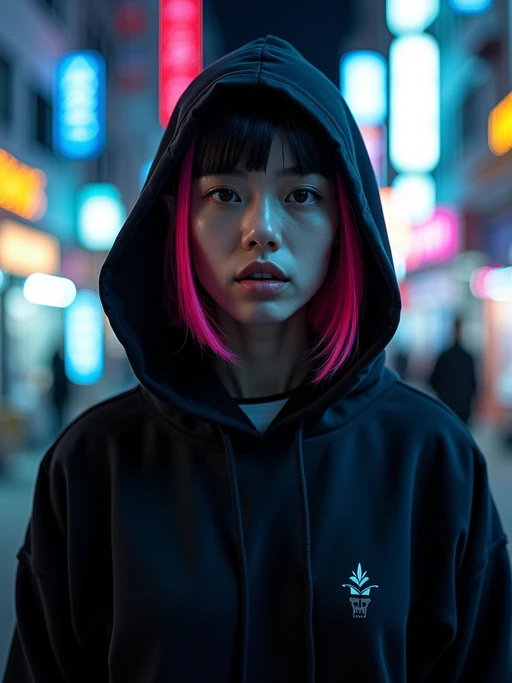 Cyberpunk Tokyo portrait. if(gender=f){Blue neon lights reflecting off metallic dress, futuristic makeup} if(gender=m){Dark hoodie, neon streaks in hair, futuristic techwear}. Blade Runner aesthetic.
