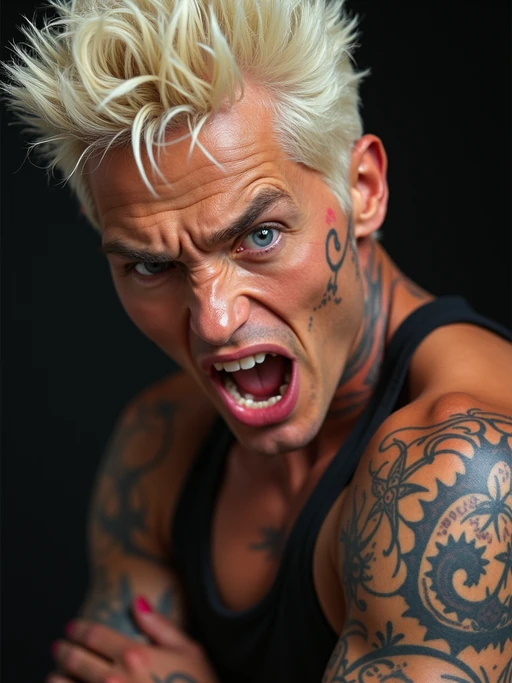 full body photo of Dramatic close-up for a 1990s album cover, intense expression. if(gender=f){Looking fierce with platinum blonde hair and tattoos} if(gender=m){Tough rap icon stance, flexing rings}.