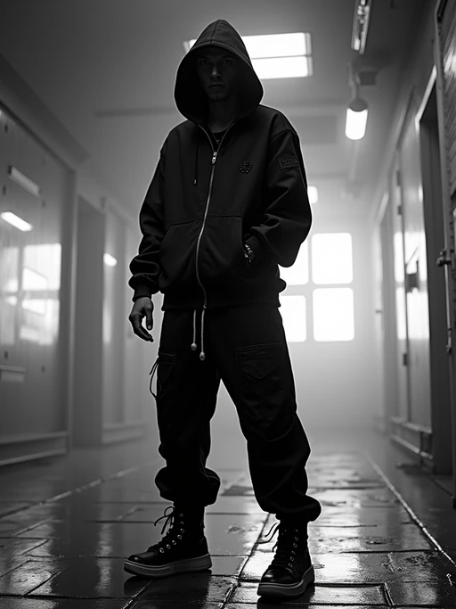 black and white album cover, full body photo of Neon-lit 1990s rap album aesthetic, cyberpunk background. if(gender=f){Wearing a futuristic tracksuit, striking rap pose} if(gender=m){Glowing city lights, rap performance stance}. Sci-fi hip-hop crossover.