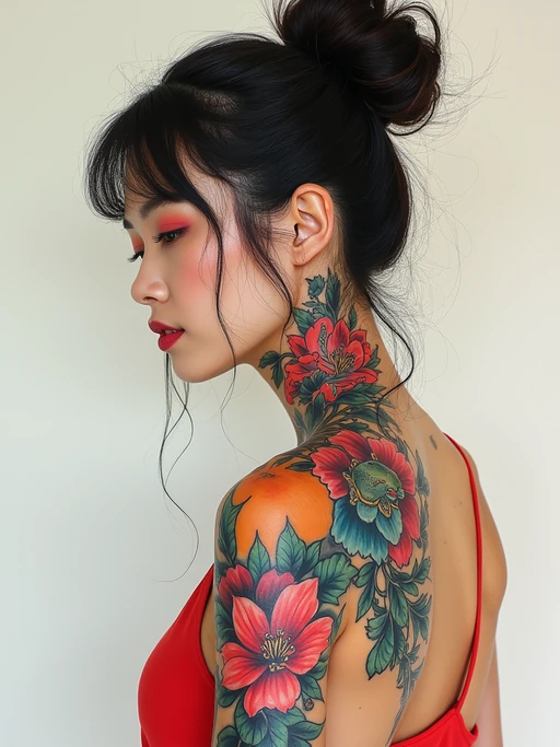 Model with an abstract watercolor tattoos. if(gender=f){Brightly colored abstract tattoos on arms and shoulders} if(gender=m){Bold splashes of red and blue ink, unique brushstroke effects}. Experimental tattoo art.