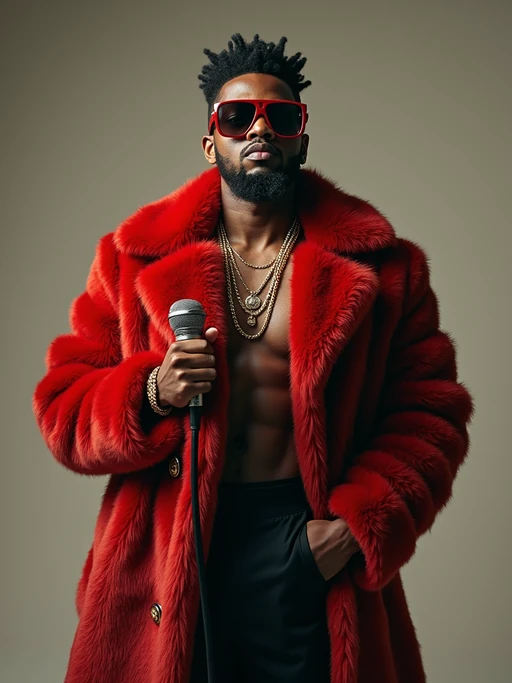 full body photo of High-energy street 1990s rap photoshoot. if(gender=f){Luxury fur coat, bold attitude, holding a mic} if(gender=m){Timberlands, bandana, rap star energy}. Classic 90s hip-hop vibes.