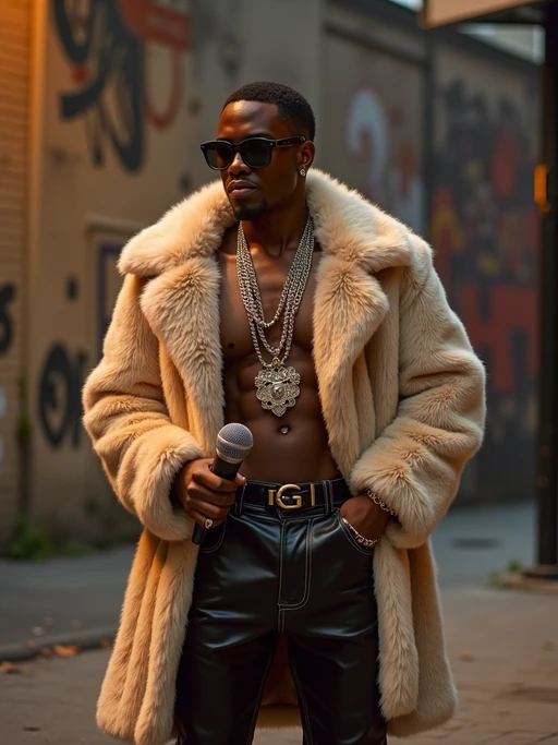 full body photo of High-energy street 1990s rap photoshoot. if(gender=f){Luxury fur coat, bold attitude, holding a mic} if(gender=m){Timberlands, bandana, rap star energy}. Classic 90s hip-hop vibes.