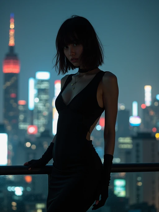 Tokyo rooftop photoshoot at night. if(gender=f){Sleek cyberpunk dress, dramatic lighting} if(gender=m){Dark futuristic fashion, standing against neon skyline}. Breathtaking cityscape photography.