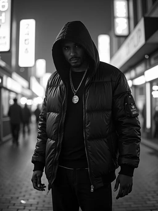 black and white album cover, full body photo of Neon-lit 1990s rap album aesthetic, cyberpunk background. if(gender=f){Wearing a futuristic tracksuit, striking rap pose} if(gender=m){Glowing city lights, rap performance stance}. Sci-fi hip-hop crossover.