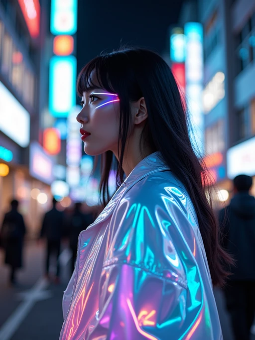 Walking through the streets of Tokyo at night. if(gender=f){Holographic jacket, neon eyeliner, futuristic style} if(gender=m){Leather jacket, cyberpunk techwear, glowing background}. AI cinematic photography.