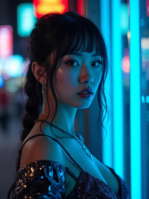 Cyberpunk Tokyo portrait. if(gender=f){Blue neon lights reflecting off metallic dress, futuristic makeup} if(gender=m){Dark hoodie, neon streaks in hair, futuristic techwear}. Blade Runner aesthetic.