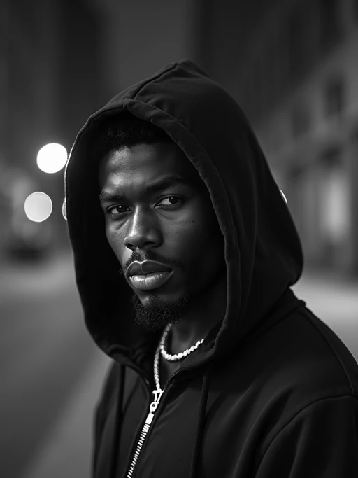 black and white album cover, full body photo of Model posing for a 1990s rap album cover. if(gender=f){Wearing oversized sunglasses, gold chains, streetwear jacket} if(gender=m){Wearing a hoodie, gold grill, flexing jewelry}. Dark moody lighting, urban backdrop.