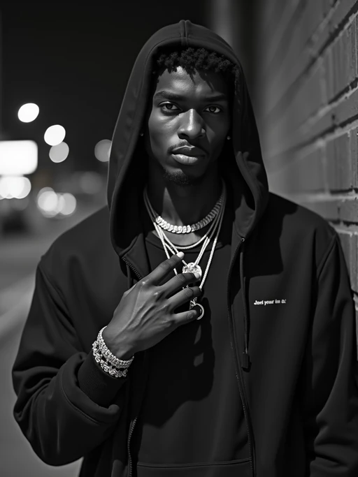 black and white album cover, full body photo of Model posing for a 1990s rap album cover. if(gender=f){Wearing oversized sunglasses, gold chains, streetwear jacket} if(gender=m){Wearing a hoodie, gold grill, flexing jewelry}. Dark moody lighting, urban backdrop.