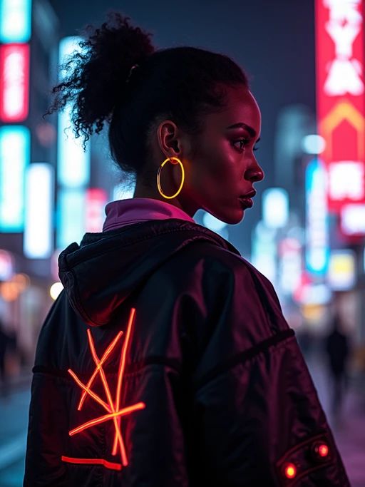 Model standing in neon-lit Tokyo at night, cyberpunk cityscape in the background. if(gender=f){Wearing a futuristic jacket, glowing neon accessories} if(gender=m){Wearing cyberpunk sunglasses, dark streetwear}. Dramatic lighting, moody reflections.