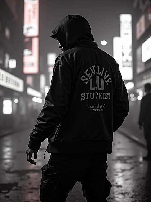 black and white album cover, full body photo of Neon-lit 1990s rap album aesthetic, cyberpunk background. if(gender=f){Wearing a futuristic tracksuit, striking rap pose} if(gender=m){Glowing city lights, rap performance stance}. Sci-fi hip-hop crossover.