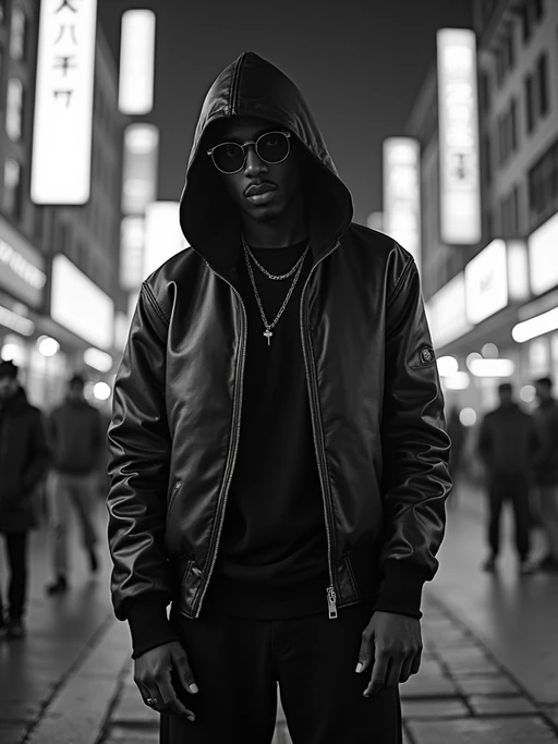 black and white album cover, full body photo of Neon-lit 1990s rap album aesthetic, cyberpunk background. if(gender=f){Wearing a futuristic tracksuit, striking rap pose} if(gender=m){Glowing city lights, rap performance stance}. Sci-fi hip-hop crossover.