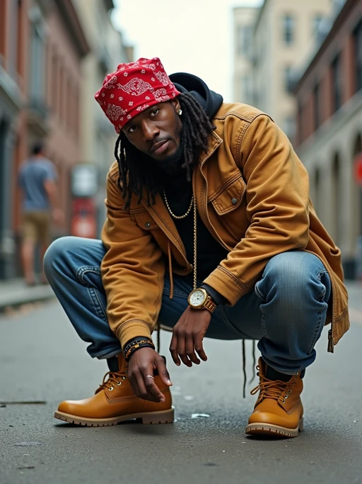full body photo of High-energy street 1990s rap photoshoot. if(gender=f){Luxury fur coat, bold attitude, holding a mic} if(gender=m){Timberlands, bandana, rap star energy}. Classic 90s hip-hop vibes.