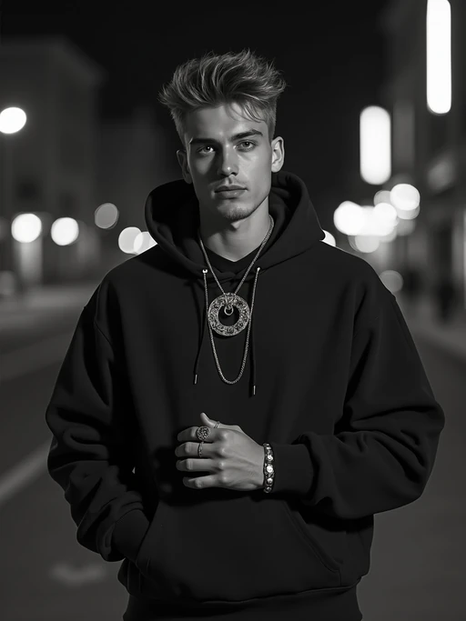 black and white album cover, full body photo of Model posing for a 1990s rap album cover. if(gender=f){Wearing oversized sunglasses, gold chains, streetwear jacket} if(gender=m){Wearing a hoodie, gold grill, flexing jewelry}. Dark moody lighting, urban backdrop.