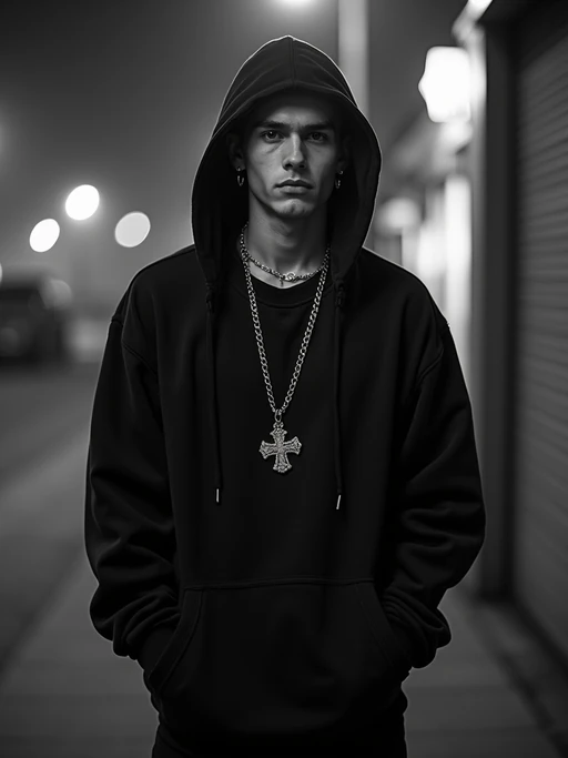 black and white album cover, full body photo of Model posing for a 1990s rap album cover. if(gender=f){Wearing oversized sunglasses, gold chains, streetwear jacket} if(gender=m){Wearing a hoodie, gold grill, flexing jewelry}. Dark moody lighting, urban backdrop.