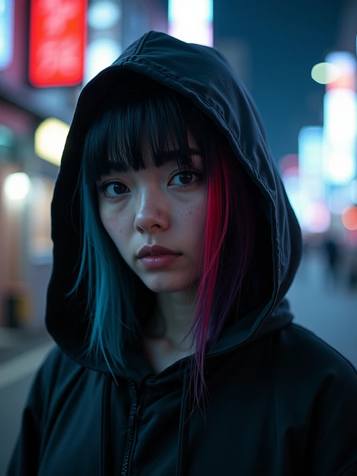 Cyberpunk Tokyo portrait. if(gender=f){Blue neon lights reflecting off metallic dress, futuristic makeup} if(gender=m){Dark hoodie, neon streaks in hair, futuristic techwear}. Blade Runner aesthetic.