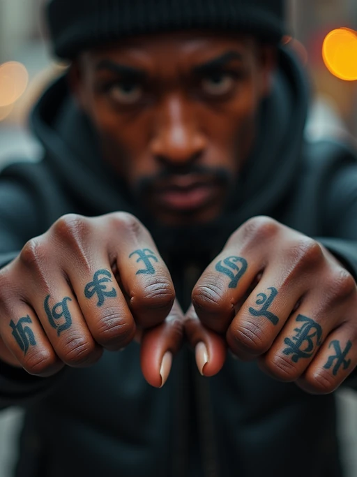 Model with tattooed knuckles and fingers, statement ink. if(gender=f){Small delicate script tattoos across fingers} if(gender=m){Bold single-letter knuckle tattoos, impactful look}. Street-style photography.