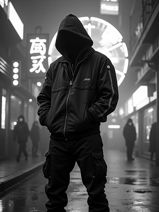 black and white album cover, full body photo of Neon-lit 1990s rap album aesthetic, cyberpunk background. if(gender=f){Wearing a futuristic tracksuit, striking rap pose} if(gender=m){Glowing city lights, rap performance stance}. Sci-fi hip-hop crossover.