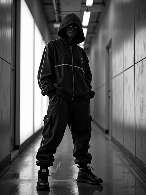 black and white album cover, full body photo of Neon-lit 1990s rap album aesthetic, cyberpunk background. if(gender=f){Wearing a futuristic tracksuit, striking rap pose} if(gender=m){Glowing city lights, rap performance stance}. Sci-fi hip-hop crossover.