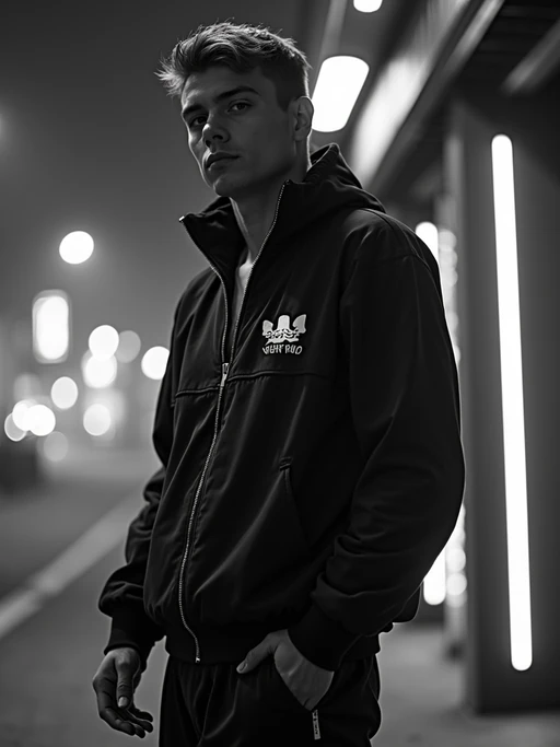 black and white album cover, full body photo of Neon-lit 1990s rap album aesthetic, cyberpunk background. if(gender=f){Wearing a futuristic tracksuit, striking rap pose} if(gender=m){Glowing city lights, rap performance stance}. Sci-fi hip-hop crossover.