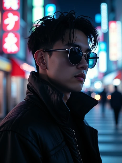 Model standing in neon-lit Tokyo at night, cyberpunk cityscape in the background. if(gender=f){Wearing a futuristic jacket, glowing neon accessories} if(gender=m){Wearing cyberpunk sunglasses, dark streetwear}. Dramatic lighting, moody reflections.