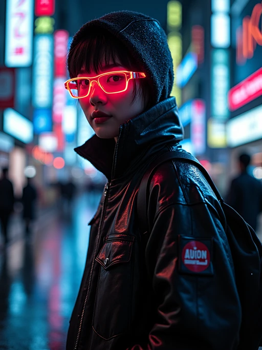 Rainy night in Shibuya, reflections of neon lights on the wet streets. if(gender=f){High-tech streetwear, futuristic accessories} if(gender=m){Dark neon-lit outfit, glowing cyberpunk glasses}. Cyberpunk realism.