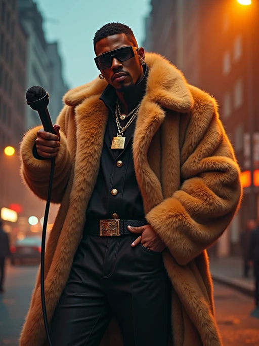 full body photo of High-energy street 1990s rap photoshoot. if(gender=f){Luxury fur coat, bold attitude, holding a mic} if(gender=m){Timberlands, bandana, rap star energy}. Classic 90s hip-hop vibes.