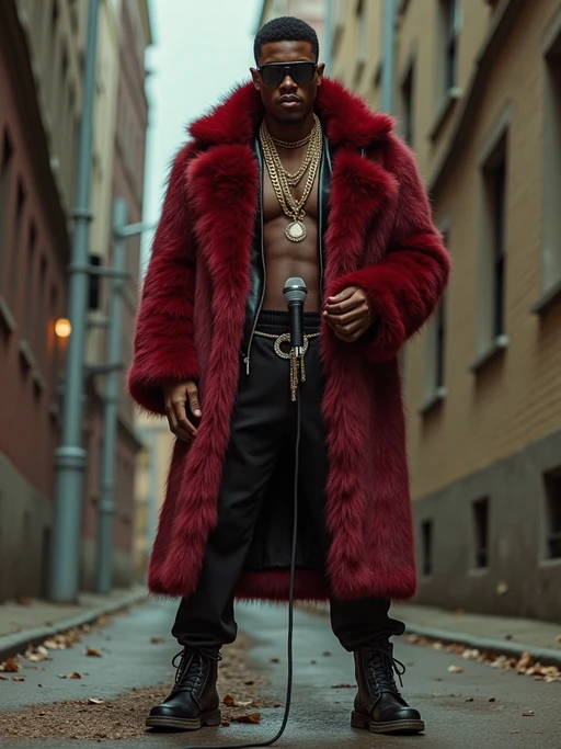 full body photo of High-energy street 1990s rap photoshoot. if(gender=f){Luxury fur coat, bold attitude, holding a mic} if(gender=m){Timberlands, bandana, rap star energy}. Classic 90s hip-hop vibes.