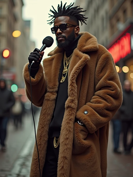 full body photo of High-energy street 1990s rap photoshoot. if(gender=f){Luxury fur coat, bold attitude, holding a mic} if(gender=m){Timberlands, bandana, rap star energy}. Classic 90s hip-hop vibes.