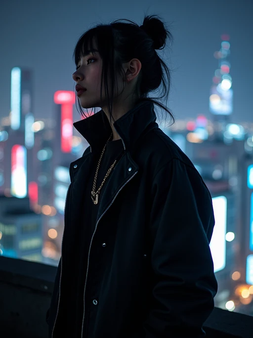 Tokyo rooftop photoshoot at night. if(gender=f){Sleek cyberpunk dress, dramatic lighting} if(gender=m){Dark futuristic fashion, standing against neon skyline}. Breathtaking cityscape photography.