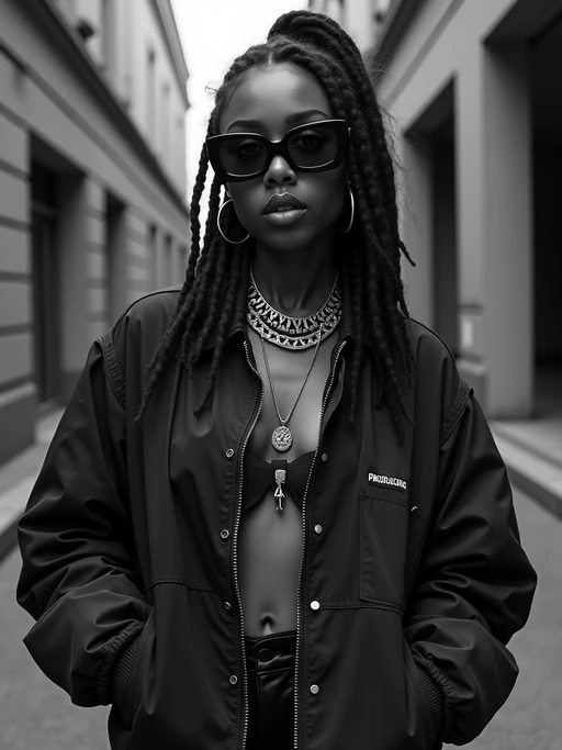 black and white album cover, full body photo of Model posing for a 1990s rap album cover. if(gender=f){Wearing oversized sunglasses, gold chains, streetwear jacket} if(gender=m){Wearing a hoodie, gold grill, flexing jewelry}. Dark moody lighting, urban backdrop.