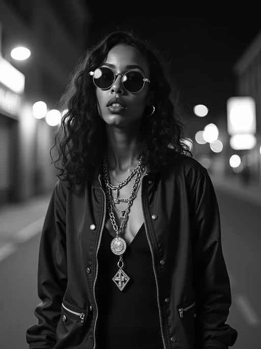 black and white album cover, full body photo of Model posing for a 1990s rap album cover. if(gender=f){Wearing oversized sunglasses, gold chains, streetwear jacket} if(gender=m){Wearing a hoodie, gold grill, flexing jewelry}. Dark moody lighting, urban backdrop.