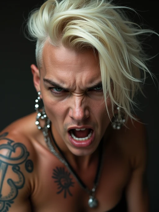 full body photo of Dramatic close-up for a 1990s album cover, intense expression. if(gender=f){Looking fierce with platinum blonde hair and tattoos} if(gender=m){Tough rap icon stance, flexing rings}.