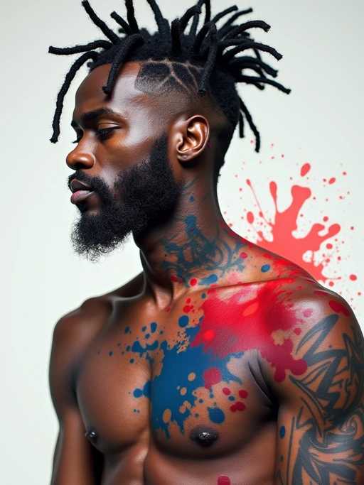 Model with an abstract watercolor tattoos. if(gender=f){Brightly colored abstract tattoos on arms and shoulders} if(gender=m){Bold splashes of red and blue ink, unique brushstroke effects}. Experimental tattoo art.