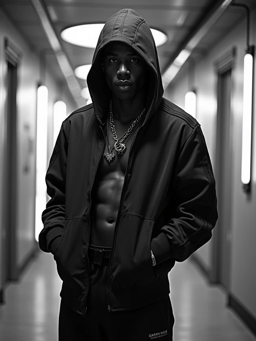 black and white album cover, full body photo of Neon-lit 1990s rap album aesthetic, cyberpunk background. if(gender=f){Wearing a futuristic tracksuit, striking rap pose} if(gender=m){Glowing city lights, rap performance stance}. Sci-fi hip-hop crossover.
